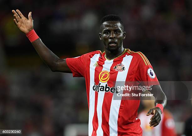 Papy Djilobodji of Sunderland reacts during the Premier League match between Sunderland and Everton at Stadium of Light on September 12, 2016 in...