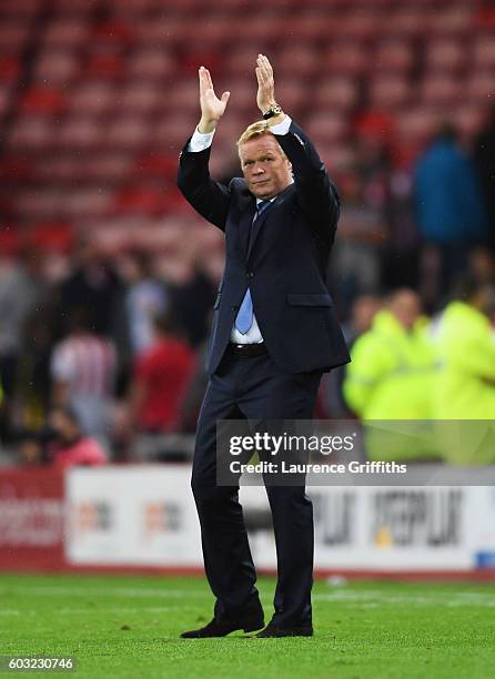 Ronald Koeman manager of Everton applauds the crowd after the Premier League match between Sunderland and Everton at Stadium of Light on September...