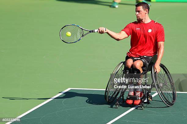 Joachim Gerard of Belgium during the men's wheelchair tennis singles third round against Michael Jeremiasz of France at the Rio de Janeiro...