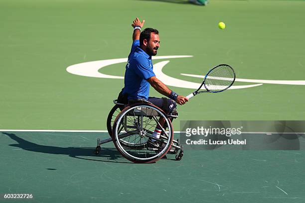 Michael Jeremiasz of France during the men's wheelchair tennis singles third round against Joachim Gerard of Belgium at the Rio de Janeiro...