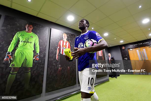 Romelu Lukaku walks down the Sunderland tunnel with match ball in hand after the Premier League match between Sunderland and Everton at the Stadium...