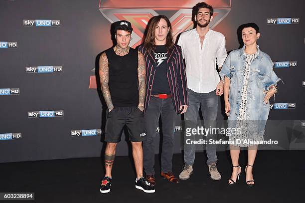 Fedez, Manuel Agnelli, Alvaro Soler and Arisa attend the press conference for 'X Factor X' on September 12, 2016 in Milan, Italy.