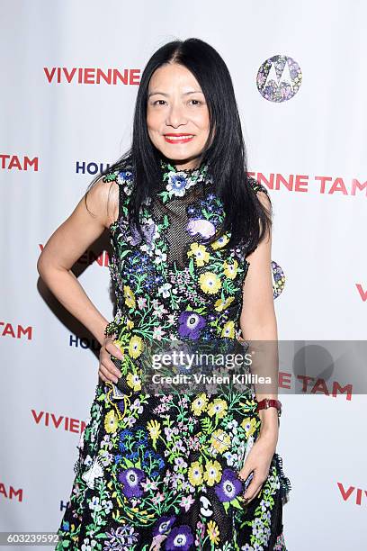 Vivienne Tam poses backstage at the Vivienne Tam fashion show during New York Fashion Week: The Shows at The Arc, Skylight at Moynihan Station on...