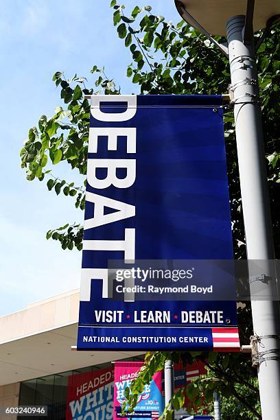 Debate' banner flies outside the National Constitution Center in Philadelphia, Pennsylvania on August 27, 2016.
