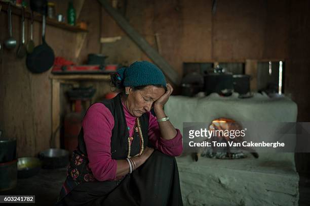 Cheten Tamang sits near the stove in the kitchen of her new guest house in Thyangsyap village. Cheten's business just opened one year after the 2015...