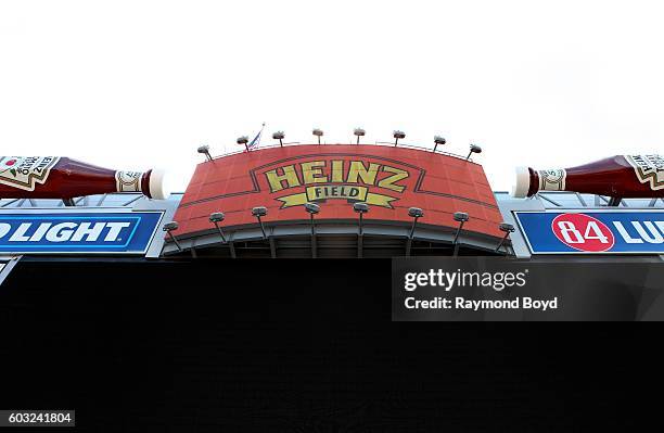 Giant Heinz ketchup bottles sits atop the Heinz Field scoreboard inside Heinz Field, home of the Pittsburgh Steelers and Pittsburgh Panthers football...