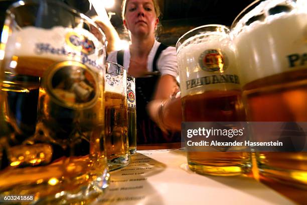 Waitress brings glasses of beer to the heads of the six Munich breweries as well as the owners of the Oktoberfest tents for the annual beer tasting...