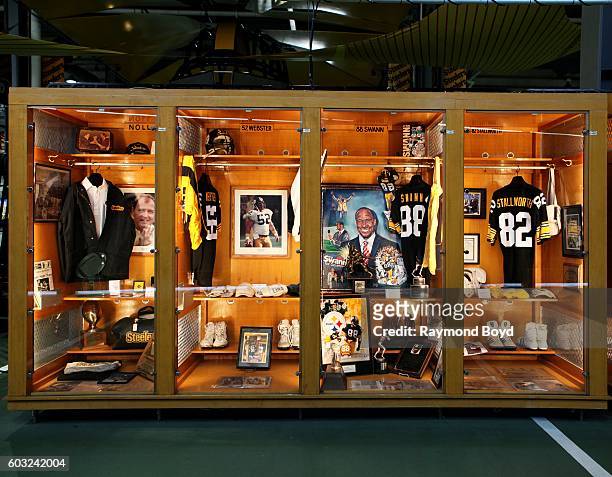 Chuck Noll, Mike Webster, Lynn Swann and John Stallworth lockers encased in the Pittsburgh Steelers 'Walk Of Fame' in the Great Hall concourse inside...