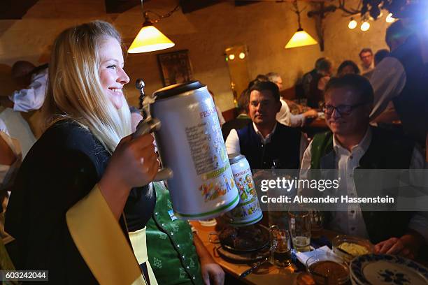 The heads of the six Munich breweries along with the Muenchner Kindl Oktoberfest female patron Victoria Ostler gather for the annual beer tasting...