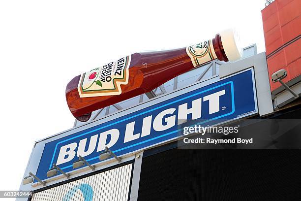 Giant Heinz ketchup bottle sits atop the Heinz Field scoreboard inside Heinz Field, home of the Pittsburgh Steelers and Pittsburgh Panthers football...