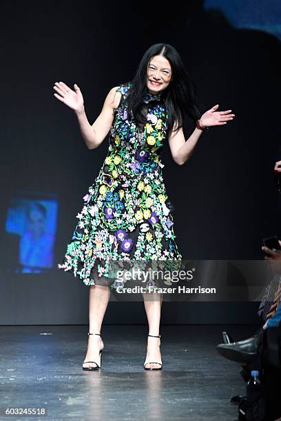 Designer Vivienne Tam takes a bow on the runway at the Vivienne Tam fashion show during New York Fashion Week: The Shows at The Arc, Skylight at...