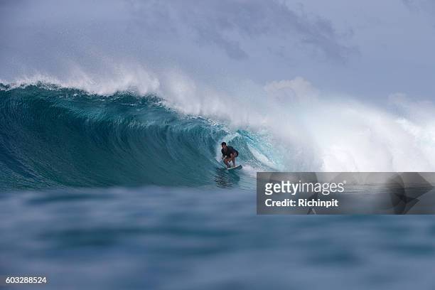 surfer gets a barrel on a big wave - tide stock pictures, royalty-free photos & images