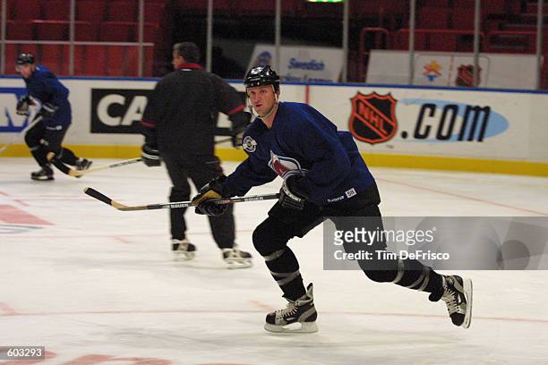 Defenseman Rob Blake of the Colorado Avalanche skates across the ice during a drill in a training camp session during the 2001 NHL Challenge Series...
