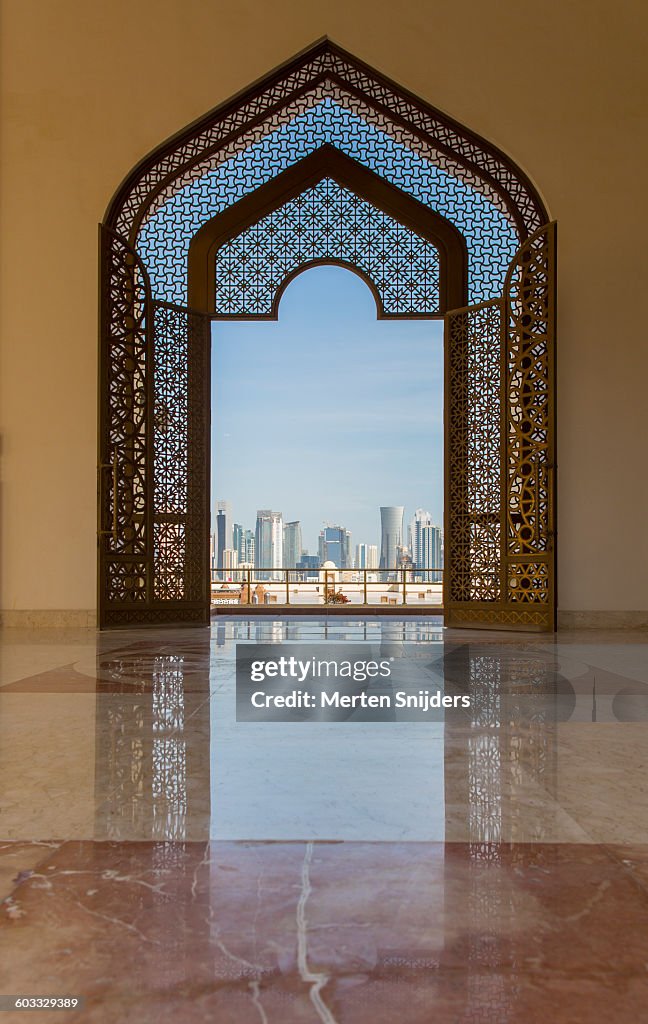Mosque gate with downtown view
