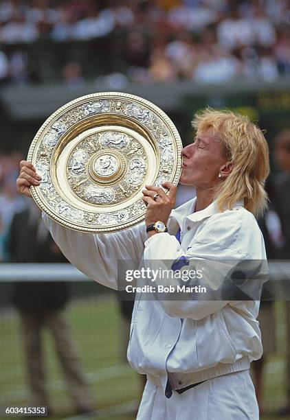 Martina Navratilova of the United States kisses the Venus Rosewater Dish after defeating Zina Garrison in their Women's Singles Final match at the...
