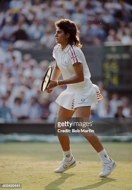 Gabriela Sabatini of Argentina during her Women's Doubles second round match with Steffi Graf at the Wimbledon Lawn Tennis Championship on 22 June...