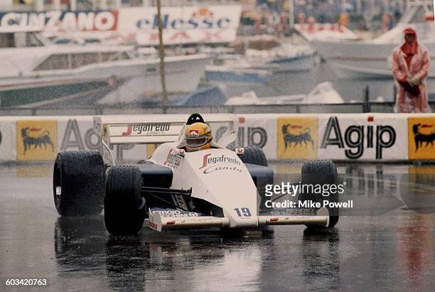 Ayrton Senna of Brazil drives the Toleman-Hart TG184 in the rain to second place during the Grand Prix of Monaco on 3 June 1984 on the streets of the...