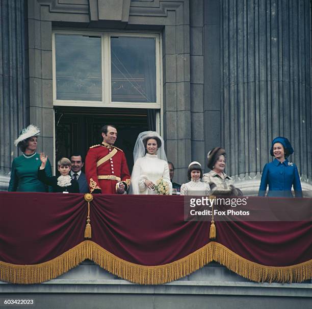 Anne, the Princess Royal and Mark Phillips pose on the balcony of Buckingham Palace in London, UK, after their wedding, 14th November 1973. Also...
