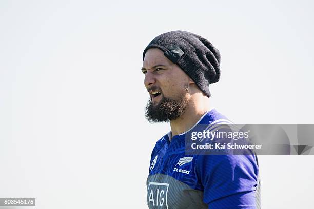 Elliot Dixon of the All Blacks looks on during a New Zealand All Blacks training session on September 13, 2016 in Christchurch, New Zealand.