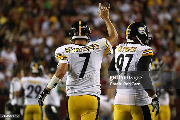 Quarterback Ben Roethlisberger of the Pittsburgh Steelers celebrates after throwing a third quarter touchdown pass to wide receiver Antonio Brown...