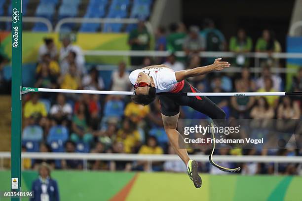 Toru Suzuki of Japan competes in the Men's High Jump - T44 Final on day 5 of the Rio 2016 Paralympic Games at the Olympic Stadium on September 12,...