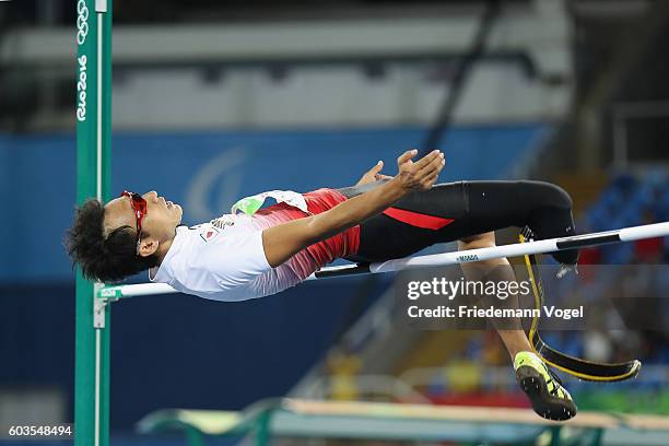 Toru Suzuki of Japan competes in the Men's High Jump - T44 Final on day 5 of the Rio 2016 Paralympic Games at the Olympic Stadium on September 12,...