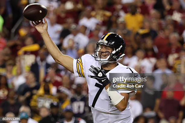 Quarterback Ben Roethlisberger of the Pittsburgh Steelers passes against the Washington Redskins in the first quarter at FedExField on September 12,...