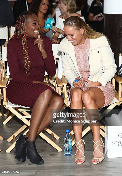 Venus Williams and Caroline Wozniacki attend the Serena Williams Signature Statement Collection By HSN during Style360 Fashion Week at Metropolitan...
