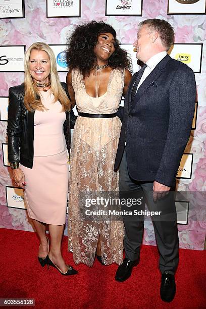 Of HSN Mindy Grossman, Serena Williams and President of HSN Bill Brand attends the Serena Williams Signature Statement Collection By HSN during...