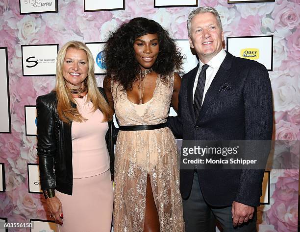 Of HSN Mindy Grossman, Serena Williams and President of HSN Bill Brand attends the Serena Williams Signature Statement Collection By HSN during...