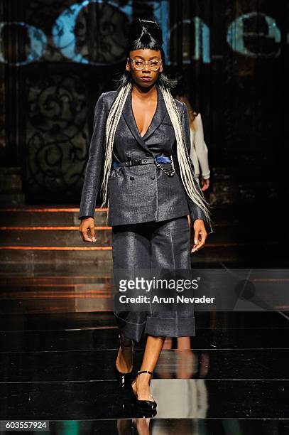 Model walks the runway wearing Elochee at Art Hearts Fashion NYFW The Shows presented by AIDS Healthcare Foundation at The Angel Orensanz Foundation...