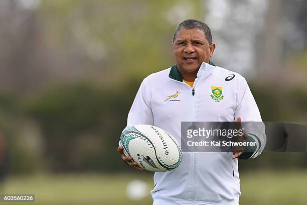 Springbok Head Coach Allister Coetzee reacting during a South Africa Springboks training session at Clearwater Resort Fields on September 13, 2016 in...
