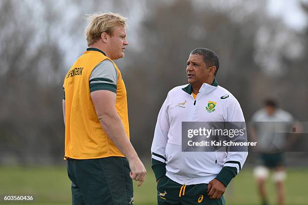 Springbok captain Adriaan Strauss and Springbok Head Coach Allister Coetzee look on during a South Africa Springboks training session at Clearwater...