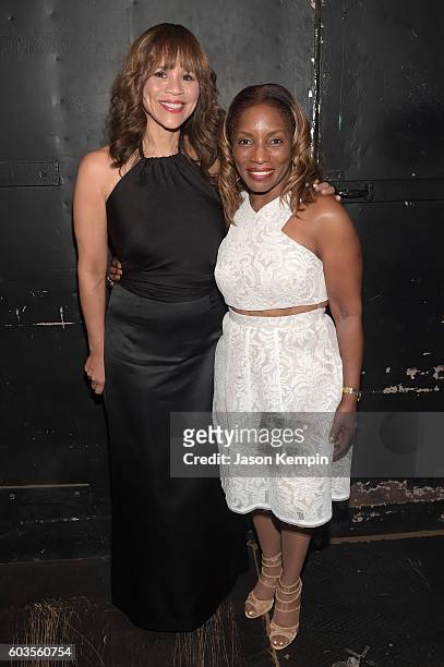 Rosie Perez and Stephanie Mills pose backstage at the 2nd Annual Voices For The Voiceless: Stars For Foster Kids Benefit at the Al Hirschfeld Theatre...