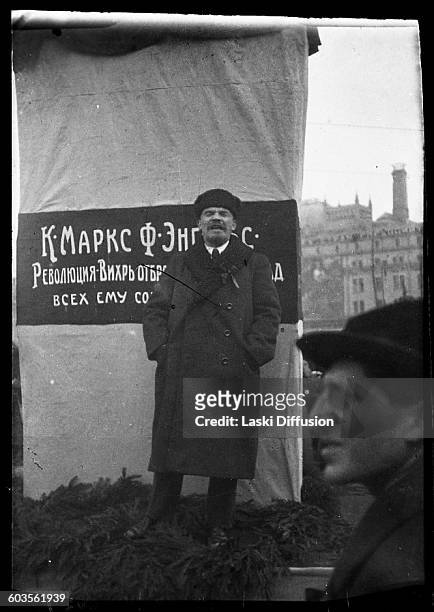 Vladimir Ilyich Ulyanov Lenin making a speech at the unveling of a memorial to K. Marx and F. Engels in Voskresenskaya Square , Moscow, 7th November...