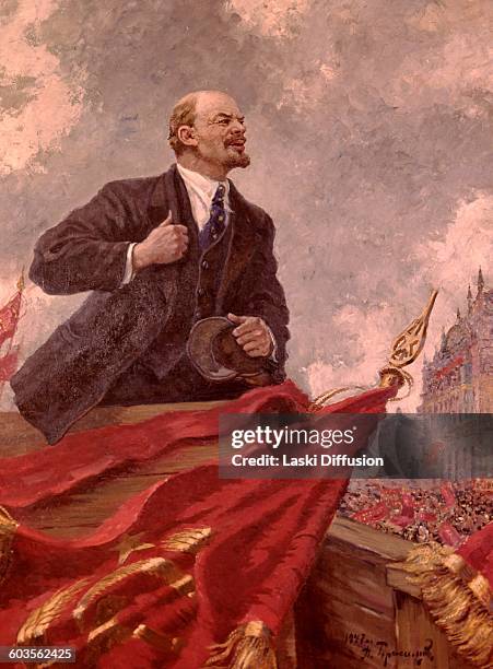 Soviet poster showing Vladimir Ilyich Ulyanov Lenin, leader of the October Revolution. A. Gerasimov, 1947.