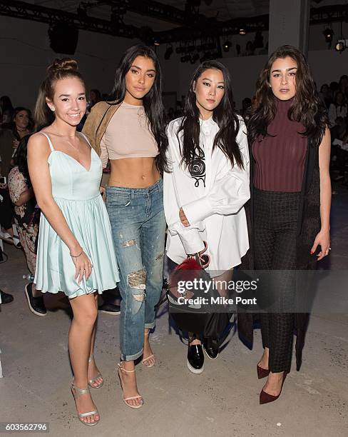 Actress Holly Taylor, Madison Beer, actress Arden Cho, and Lauren Jauregui of the musical group Fifth Harmony attend the Leanne Marshall fashion show...