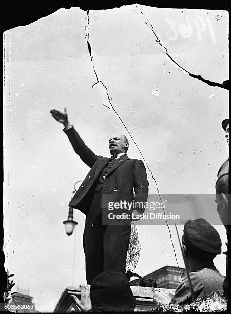 1st MAY 1919: Vladimir Ilyich Ulyanov Lenin making a speech in the Red Square during the unveiling of the monument to Stepan Razin, Moscow, 1st May...