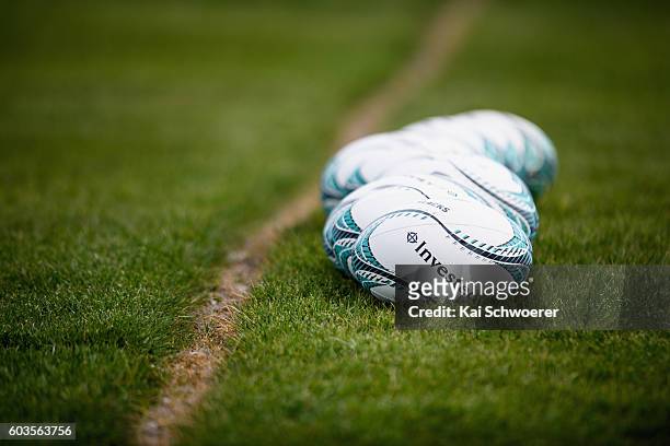 Rugby balls lined up on the pitch prior to a South Africa Springboks training session at Clearwater Resort Fields on September 13, 2016 in...