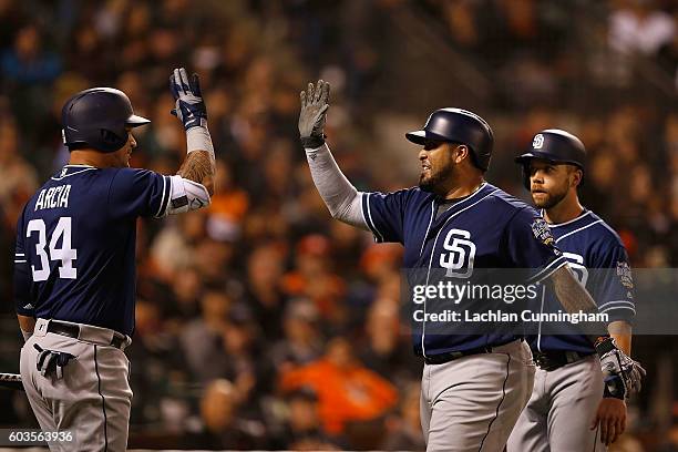 Hector Sanchez of the San Diego Padres celebrates with Oswaldo Arcia of the San Diego Padres after hitting a two-run home run in the sixth inning...