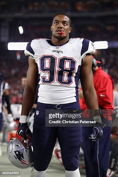 Defensive end Trey Flowers of the New England Patriots on the sidelines during the NFL game against the Arizona Cardinals at the University of...