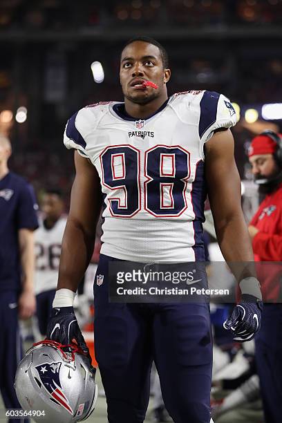 Defensive end Trey Flowers of the New England Patriots on the sidelines during the NFL game against the Arizona Cardinals at the University of...