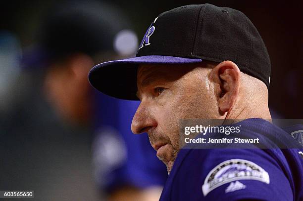 Walt Weiss of the Colorado Rockies looks on during game against the Arizona Diamondbacks at Chase Field on September 12, 2016 in Phoenix, Arizona.