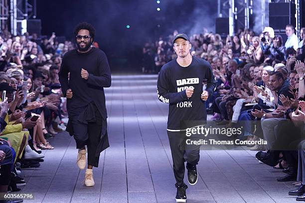Maxwell Osborne and Dao-Yi Chow walk the runway after presenting their DKNY Spring 2017 Collection on the highline during New York Fashion Week on...