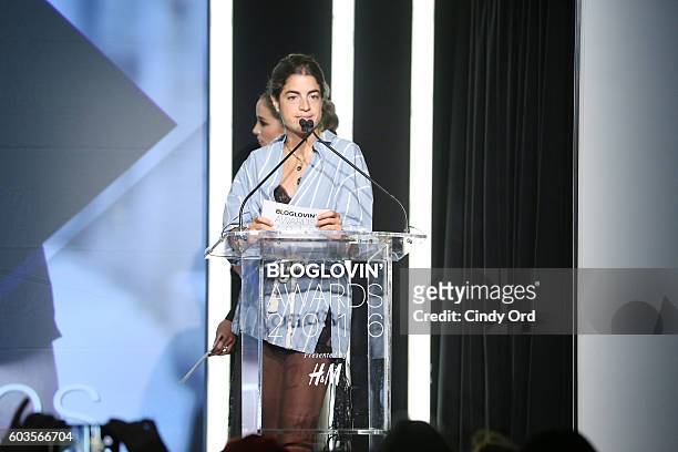 Blogger Leandra Medine speaks on stage during the Blog Lovin' Awards at Industria Superstudio on September 12, 2016 in New York City.