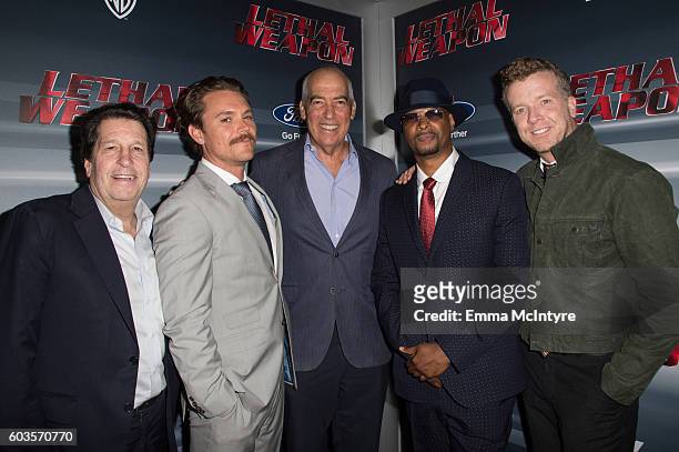Of Warner Bros Peter Roth, actor Clayne Crawford, CEO of Fox Television Group Gary Newman, actor Damon Wayans, Sr., and director McG attend the...