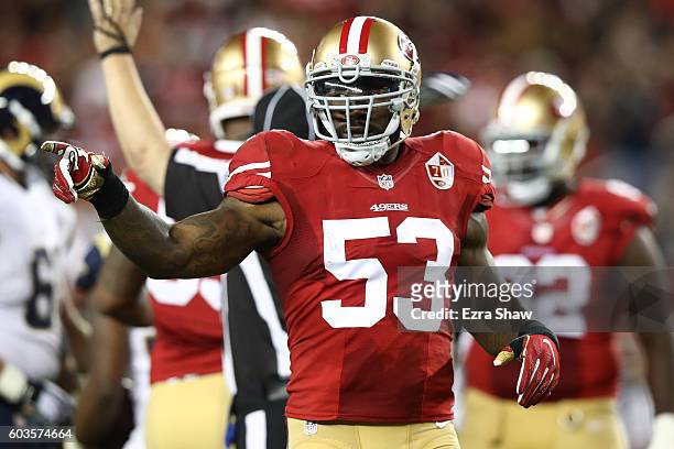 NaVorro Bowman of the San Francisco 49ers reacts after a play against the Los Angeles Rams during their NFL game at Levi's Stadium on September 12,...