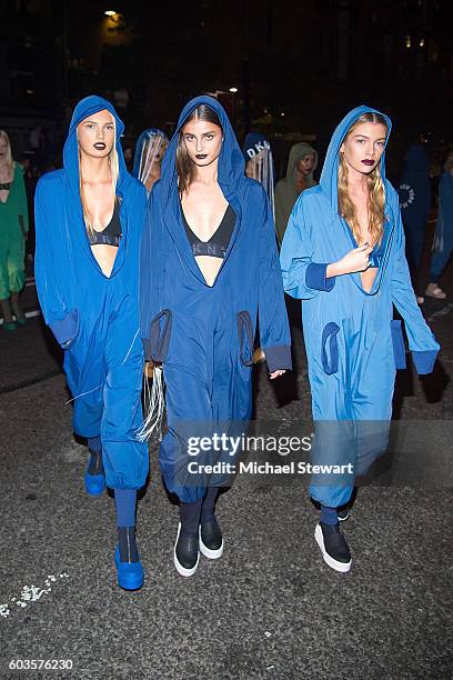 Models Romee Strijd, Taylor Hill and Stella Maxwell are seen in the Meatpacking District on September 12, 2016 in New York City.