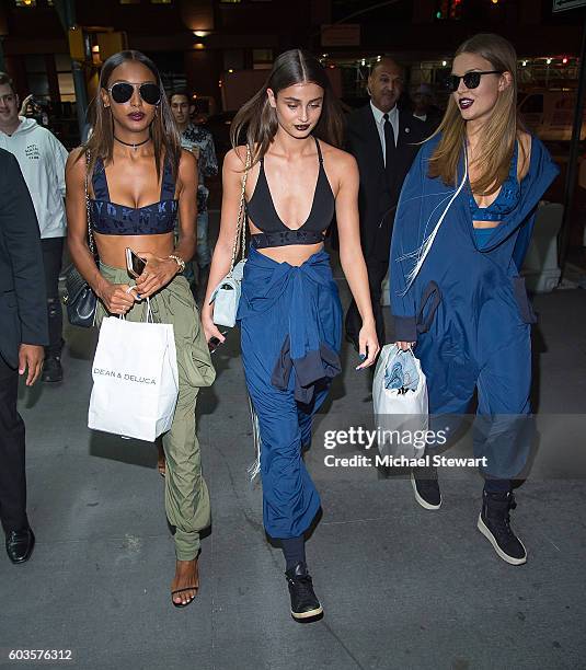 Models Jasmine Tookes, Taylor Hill and Romee Strijd are seen in the Meatpacking District on September 12, 2016 in New York City.