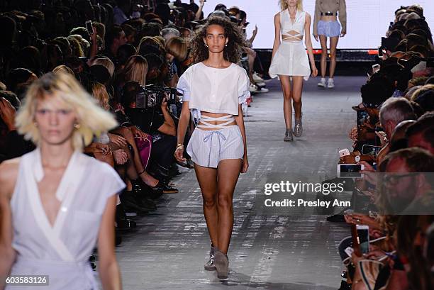 Model walks the runway at the Alexander Wang fashion show during New York Fashion Week at Pier 94 on September 10, 2016 in New York City.